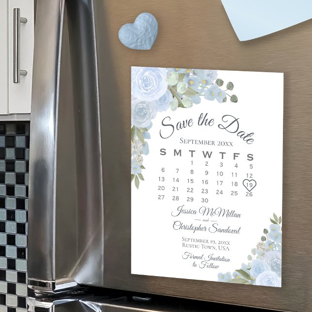 Imã salve a data de Calendário Floral Azul Dusty (Criador carregado)