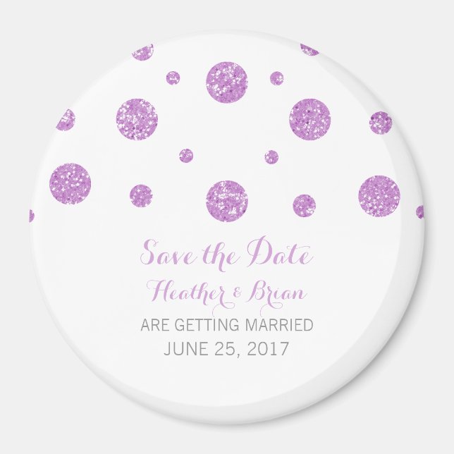 Imã salve a data de Confetti com Glitter Roxo (Frente)