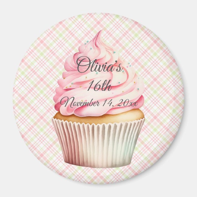 Imã salve a data de Cupcake de Aquarela Rosa (Frente)
