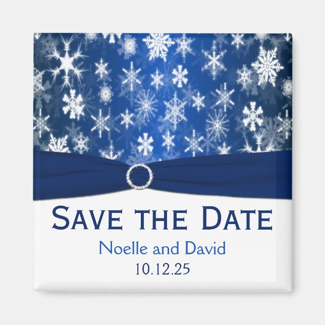 Imã salve a data de Flocos de Neve Azul e Branco (Frente)
