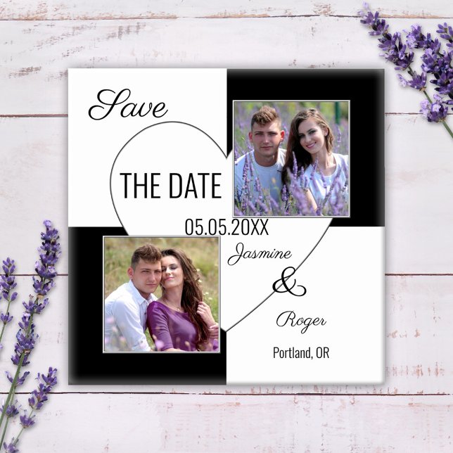 Imã salve a data de Fotografias de Coração Preto e (Save the Date magnet featuring your own photos framed by a checkered black and white heart design.)