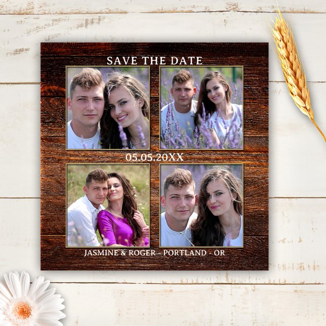 Imã salve a data de Fotografias Personalizadas Rus (Save the Date magnet featuring your own 4 photos framed by a rustic wood background.)