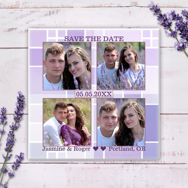 Imã salve a data de Fotos Verificadas pela Lavanda (Save the Date magnet featuring your own 4 photos framed by a checkered lilac and lavender background)