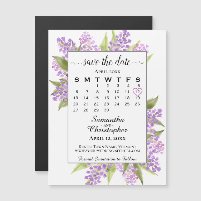 Imã salve a data do Calendário Rustic Boho Lilacs (Frente/Verso)