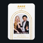 Ímã Salve A Data Do Casamento Dourado Da Arte Na moda<br><div class="desc">Salve a data em que o Imagem de Casamento de Arte Dourada com Script de Na moda Preto apresenta o seu dentro de fotografia favorito num fundo branco. Personalize com seu texto editando o texto nas caixas de texto fornecidas. Projetado para você por ©Evco Studio www.zazzle.com/store/evcostudio</div>