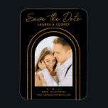 Ímã Salve A Data Do Casamento Dourado Da Arte Na moda<br><div class="desc">Salve a data em que os Na moda pretos com script de arte Dourada reproduzem os manchetes de casamento com dentro favorito em um fundo preto. Personalize com seu texto editando o texto nas caixas de texto fornecidas. Projetado para você por ©Evco Studio www.zazzle.com/store/evcostudio</div>