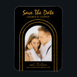 Ímã Salve A Data Do Casamento Dourado Da Arte Na moda<br><div class="desc">Salve a data em que os Na moda pretos com script de arte Dourada reproduzem os manchetes de casamento com dentro favorito em um fundo preto. Personalize com seu texto editando o texto nas caixas de texto fornecidas. Projetado para você por ©Evco Studio www.zazzle.com/store/evcostudio</div>
