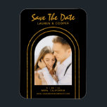 Ímã Salve A Data Do Casamento Dourado Da Arte Na moda<br><div class="desc">Salve a data em que os Na moda pretos com script de arte Dourada reproduzem os manchetes de casamento com dentro favorito em um fundo preto. Personalize com seu texto editando o texto nas caixas de texto fornecidas. Projetado para você por ©Evco Studio www.zazzle.com/store/evcostudio</div>