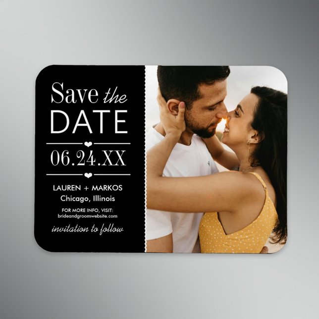 Ímã Salve a Data em Foto com Painel Dividido Preto (Criador carregado)
