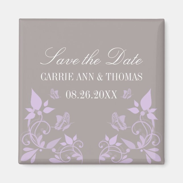 Imã salve a data Floral da Borboleta, Lilac (Frente)