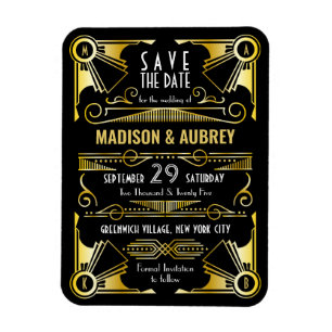 Ímã Salve a data Gatsby Art Deco Dourado Preto