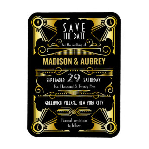 Ímã Salve a data Gatsby Wedding Art Deco Dourado Preto