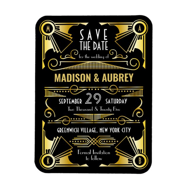 Ímã Salve a data Gatsby Wedding Art Deco Dourado Preto (Vertical)