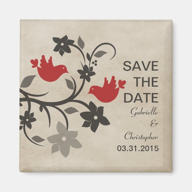 Imã salve a data Red Floral Lovebird (Frente)