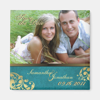 Imã Salve a data Teal & Dourado Shimmer Floral Magnet