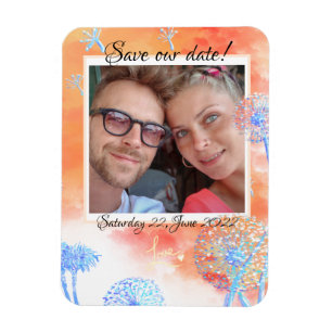 Ímã Salve nossa data Dandelion e nuvens de aquarela