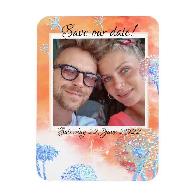 Ímã Salve nossa data Dandelion e nuvens de aquarelas (Vertical)