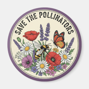 Imã Salve o Polinizador com abelha, borboleta & flores