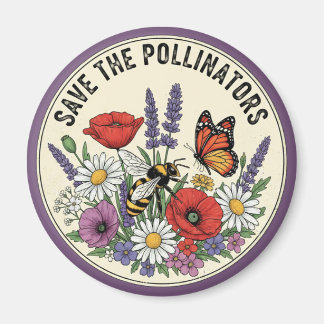 Imã Salve o Polinizador com abelha, borboleta & flores