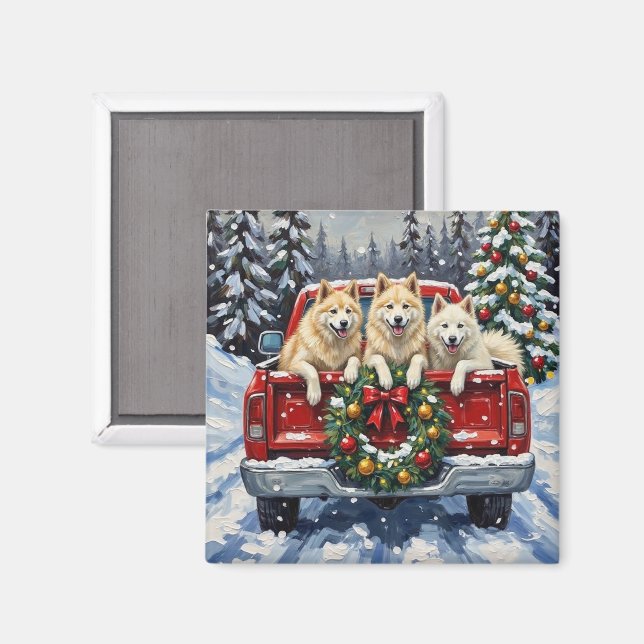 Imã Samoyed Christmas Red Truck Holiday (Front/Back)