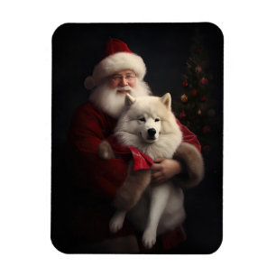 Ímã Samoyed Com Papai Noel Natal Festivo