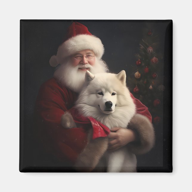 Imã Samoyed Com Papai Noel Natal Festivo (Frente)
