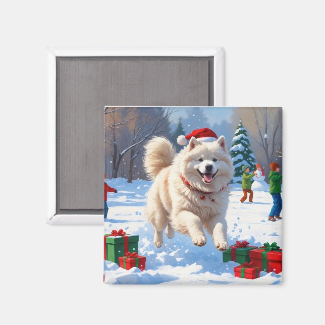 Imã Samoyed Correndo na Neve com Chapéu de Natal (Front/Back)