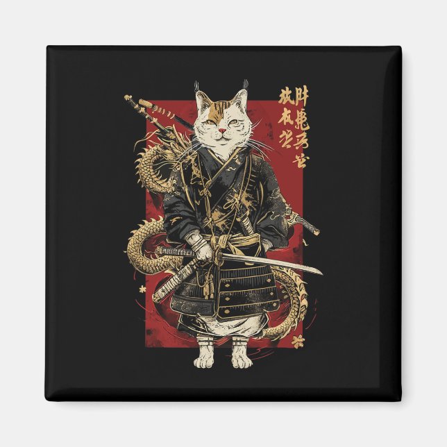 Imã Samurai Cat Com Dragão Japonês Kanji (Frente)