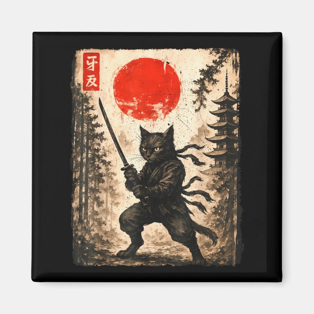 Imã Samurai Cat Japanese Mens Boys Kids Graphic Anime  (Frente)