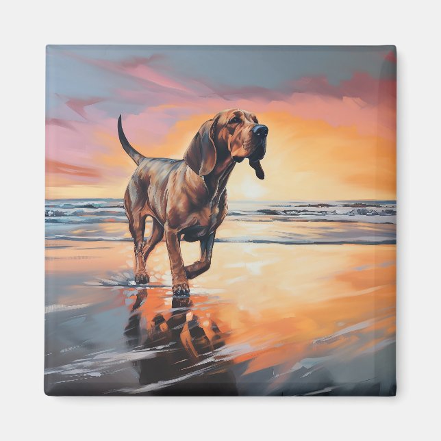 Imã Sandy Paws Bloodhound Dog em Beach Sunset (Frente)