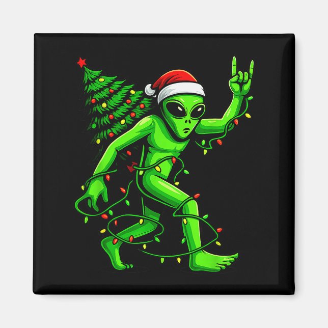 Imã Santa Alien Christmas Tree Xmas Lights Funny Ufo  (Frente)