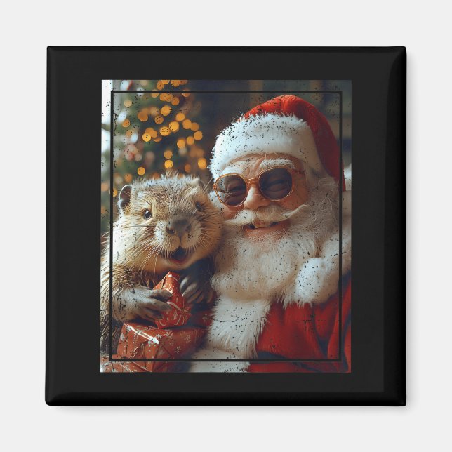 Imã Santa And Beaver Selfie Funny Christmas Design  (Frente)