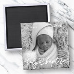 Imã Santa Batismo Foto do Bebê do Coração Chic Moderno<br><div class="desc">Essa design simples e moderna é composta por tipografia de serifa e adiciona uma foto personalizada,  adiciona nome de bebê e mês e ano de batismo</div>