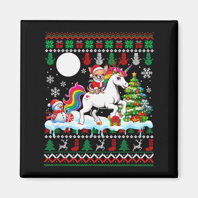 Imã Santa Chihuahua Riding Unicorn Sweater Christmas O (Frente)