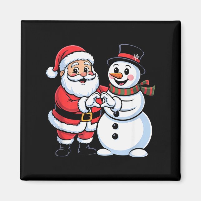 Imã Santa Claus And Snowman Heart Hand Sign Christmas  (Frente)