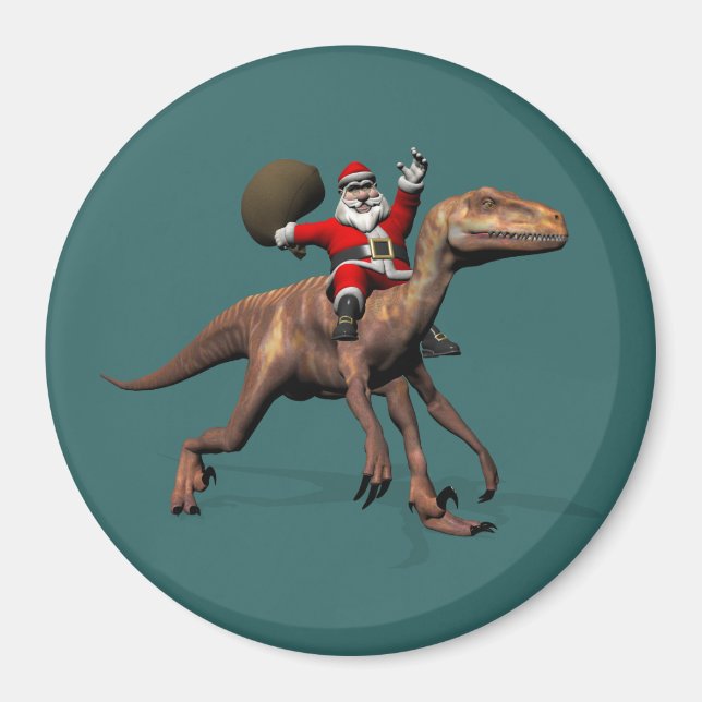 Imã Santa Claus Andando Em Deinonychus (Frente)