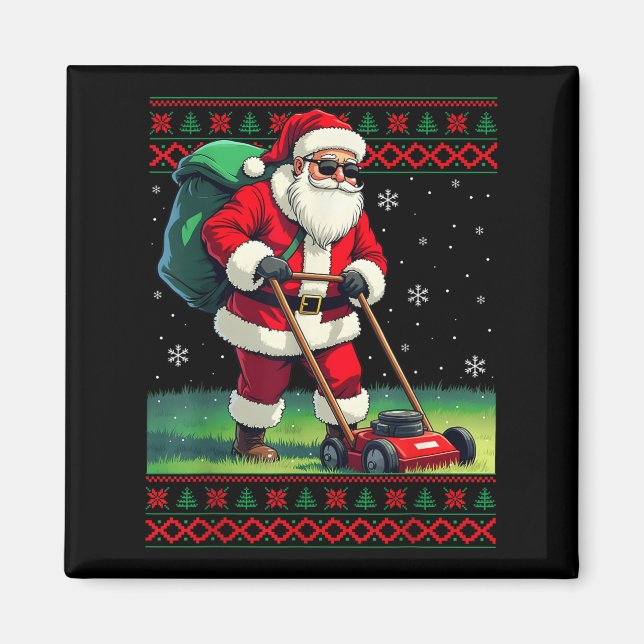 Imã Santa Claus Mowing Lawn Ugly Christmas Holiday Boy (Frente)