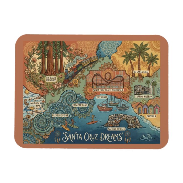 Ímã Santa Cruz California Dreams Map – Vibrant Coast (Horizontal)
