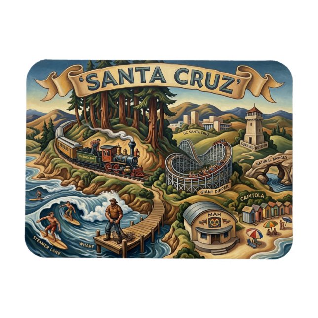 Ímã Santa Cruz California Illustrated Map UCSC Wharf (Horizontal)