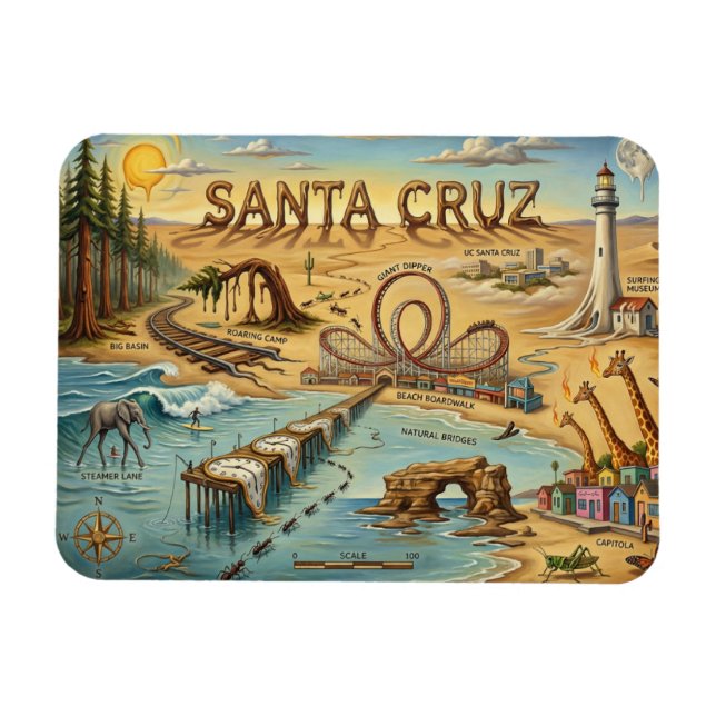 Ímã Santa Cruz Pop Art Map – Bold Coastal Landmark (Horizontal)