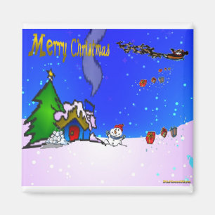 Imã Santa_drops_gifts_by_snowman_and_snow_covered_hous