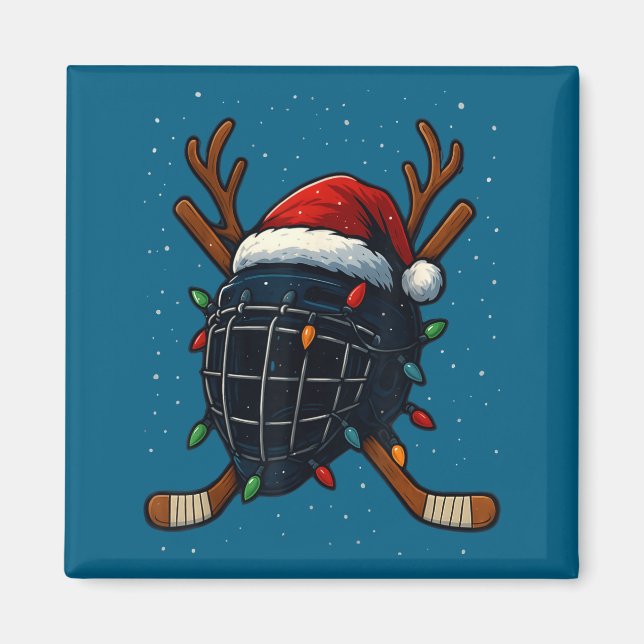 Imã Santa Hat Christmas Ice Hockey Helmet Player Reind (Frente)