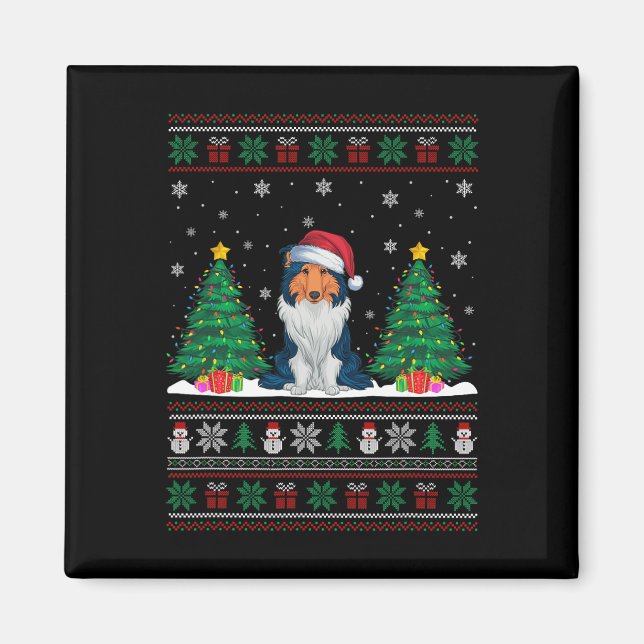 Imã Santa Hat Rough Collie Dog Xmas Tree Luzes Feias (Frente)