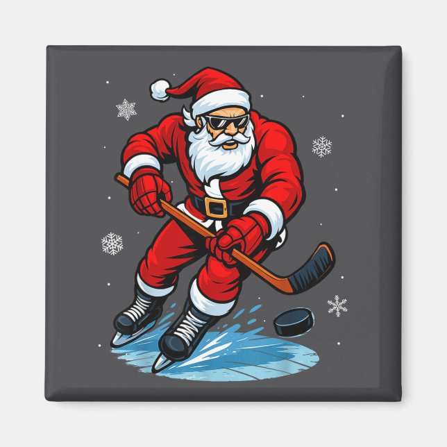 Imã Santa Playing Ice Hockey Xmas Funny Christmas Hock (Frente)