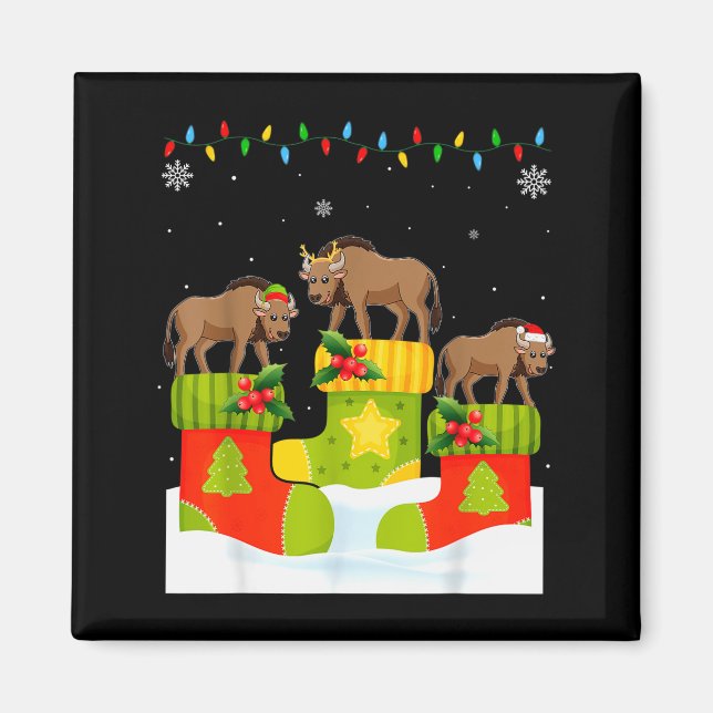 Imã Santa Reindeer Elf Wildebeest In Christmas Socks U (Frente)