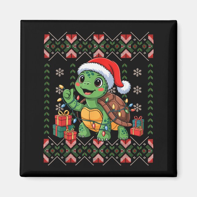 Imã Santa Turtle Christmas Ugly Sweater Funny Holiday  (Frente)
