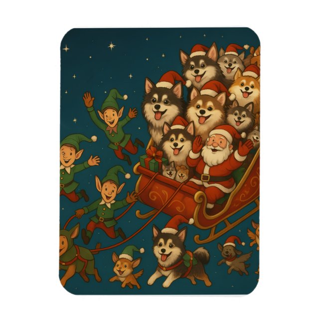 Ímã Santa with joyous pups and elves! (Vertical)