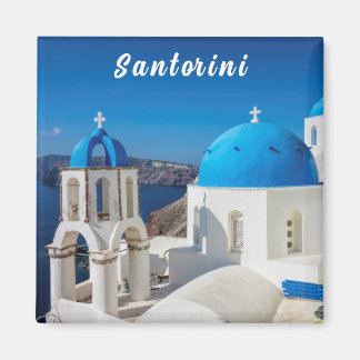 Imã Santorini com igreja azul e branca