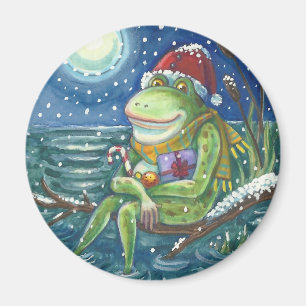 Imã SAPO EM UM LOG, HOLIDAY CHRISTMAS MAGNET Round