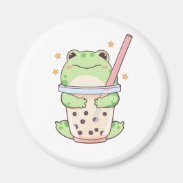 Imã Sapo Kawaii Chibi Abraçando Xícara de Bubble Tea